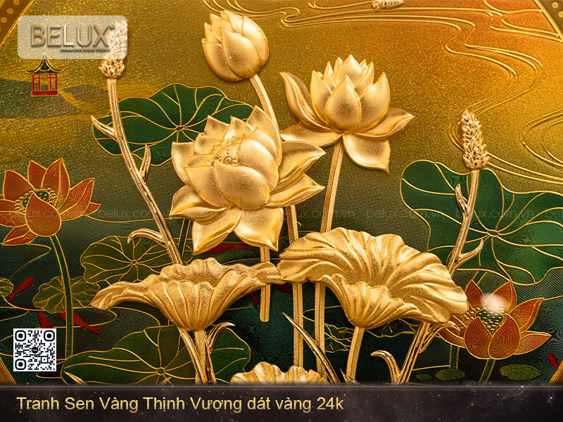 Tranh Sen Vàng Thịnh Vượng mDát Vàng 24k 30x30cm